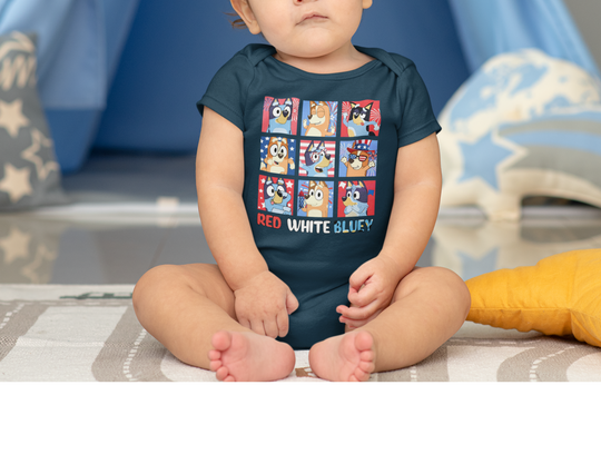 A baby in a Red White and Bluey Onesie bodysuit, sitting on the floor. Soft, durable 100% cotton fabric with ribbed knitting for durability. Plastic snaps for easy changing access. Infant sizes available.