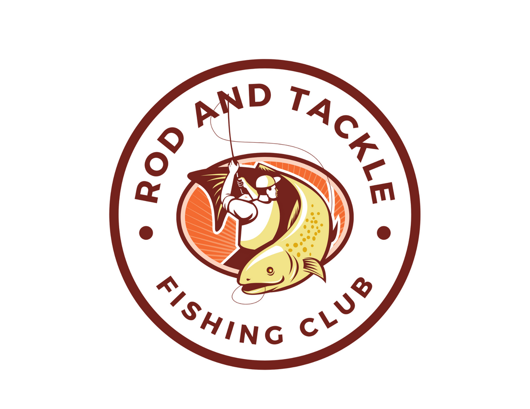 A logo for a fishing club featuring a man with a fishing rod and a fish, alongside red letters a, t, and g. Product: Rod and Tackle Fishing Club Tee, a premium men's short sleeve tee in various sizes, made of 100% combed cotton with a light, comfy fabric.