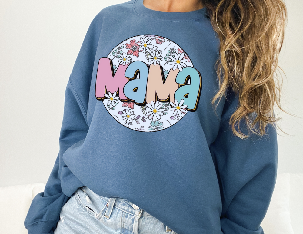 A unisex heavy blend crewneck sweatshirt featuring a graphic design of a cartoon flower, ideal for comfort with ribbed knit collar and no itchy side seams. Sassy Mama Flower Crew by Worlds Worst Tees.