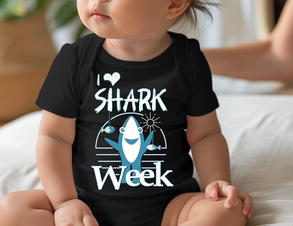 Infant unisex I Love Shark Week onesie featuring lap shoulders, made from soft 100% ring-spun cotton, ideal for comfort and easy adjustments.