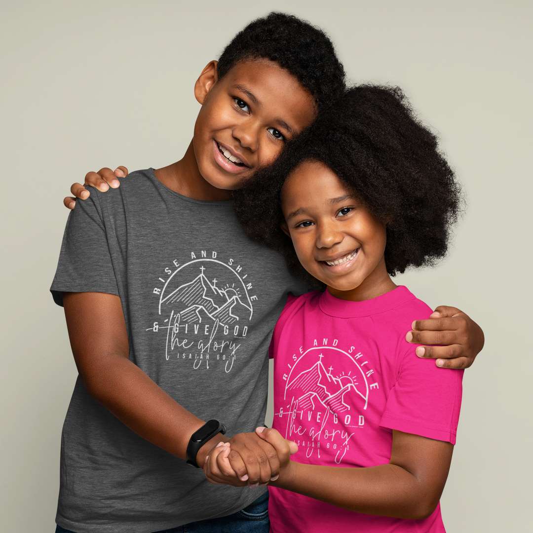 A classic fit Rise and Shine Kids Tee in light 100% cotton fabric, featuring durable twill tape shoulders and curl-resistant ribbed collar. Perfect for everyday wear with tear-away label and seamless sides.