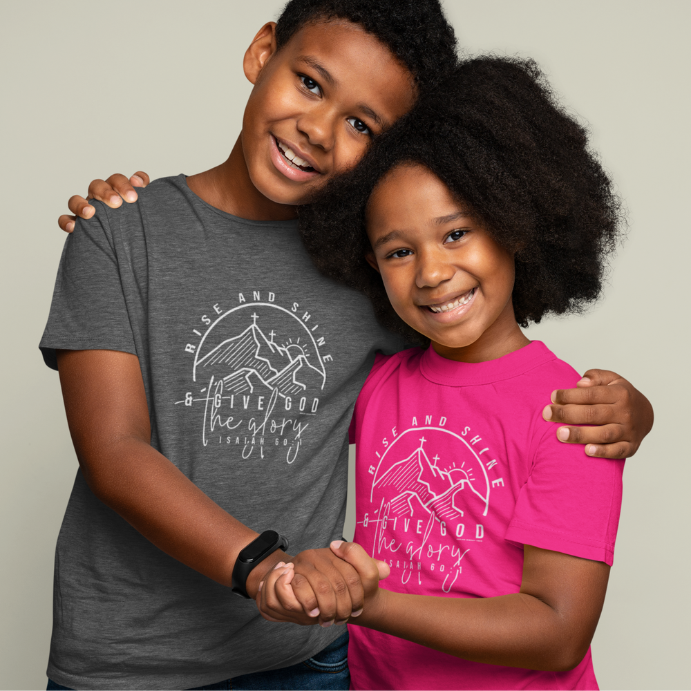 A classic fit Rise and Shine Kids Tee in light 100% cotton fabric, featuring durable twill tape shoulders and curl-resistant ribbed collar. Perfect for everyday wear with tear-away label and seamless sides.