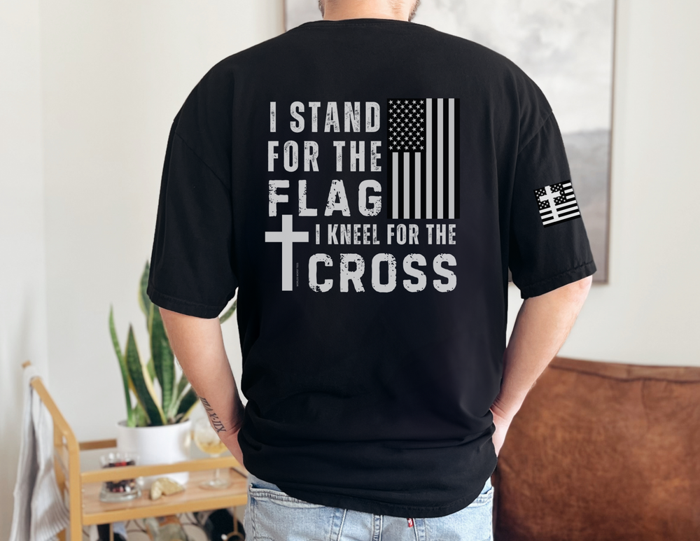 Unisex jersey tee featuring Stand for Flag Kneel for Cross design. 100% Airlume combed cotton, retail fit, ribbed knit collar, tear away label. Soft, durable fabric for a favorite tee experience.