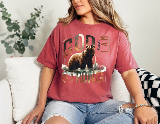 A strong message on a cozy tee. I Am Strong Tee: 100% ring-spun cotton, garment-dyed for extra softness. Relaxed fit with double-needle stitching for durability.