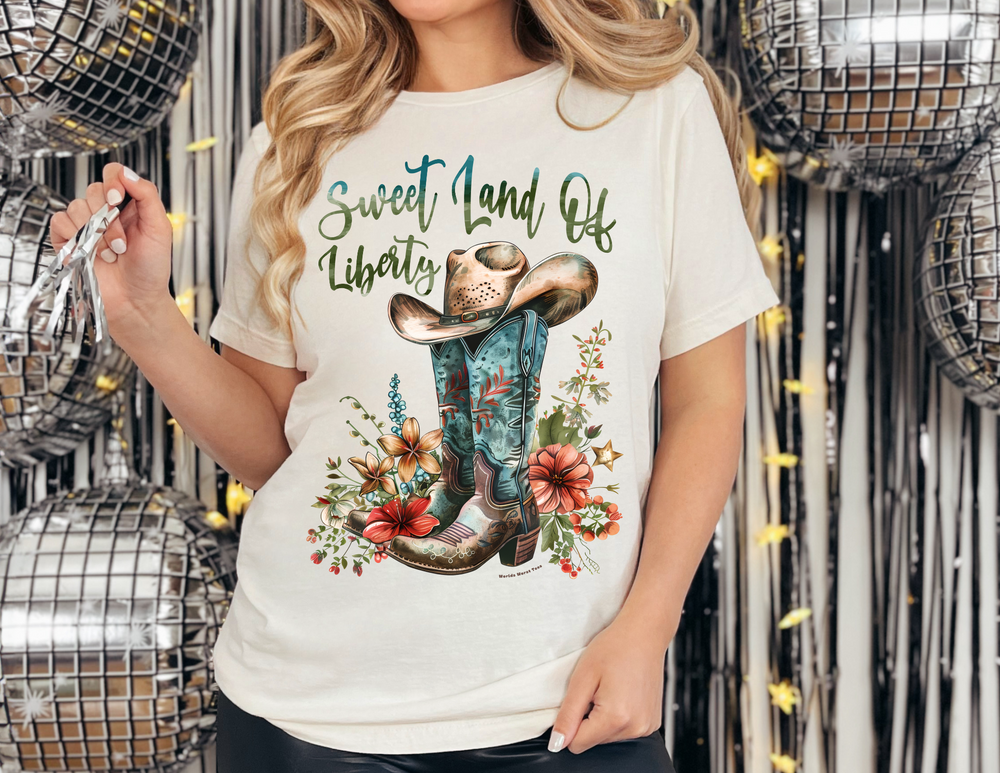 A woman in a white shirt and cowboy boots stands among flowers, embodying a classic, unisex Sweet Land of Liberty Tee. Quality cotton tee with ribbed knit collars, taping for fit, and tear-away label.