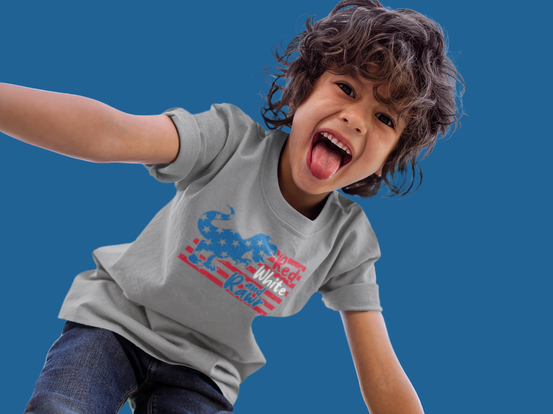 A playful toddler tee featuring a child with his tongue out. Made of soft 100% combed ringspun cotton, light fabric, and a durable print. Ideal for sensitive skin and first adventures.
