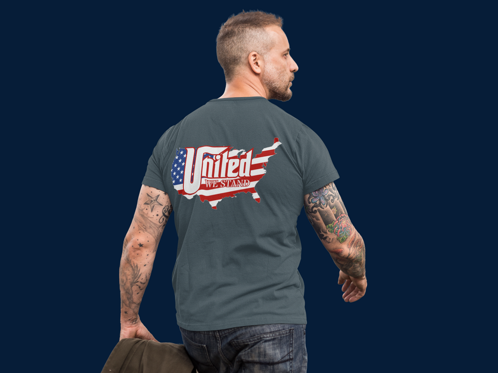 A premium fitted United We Stand Tee featuring a man with tattoos, embodying strength and style. Made of 100% combed cotton, light fabric, with a bold print for workouts or daily wear.