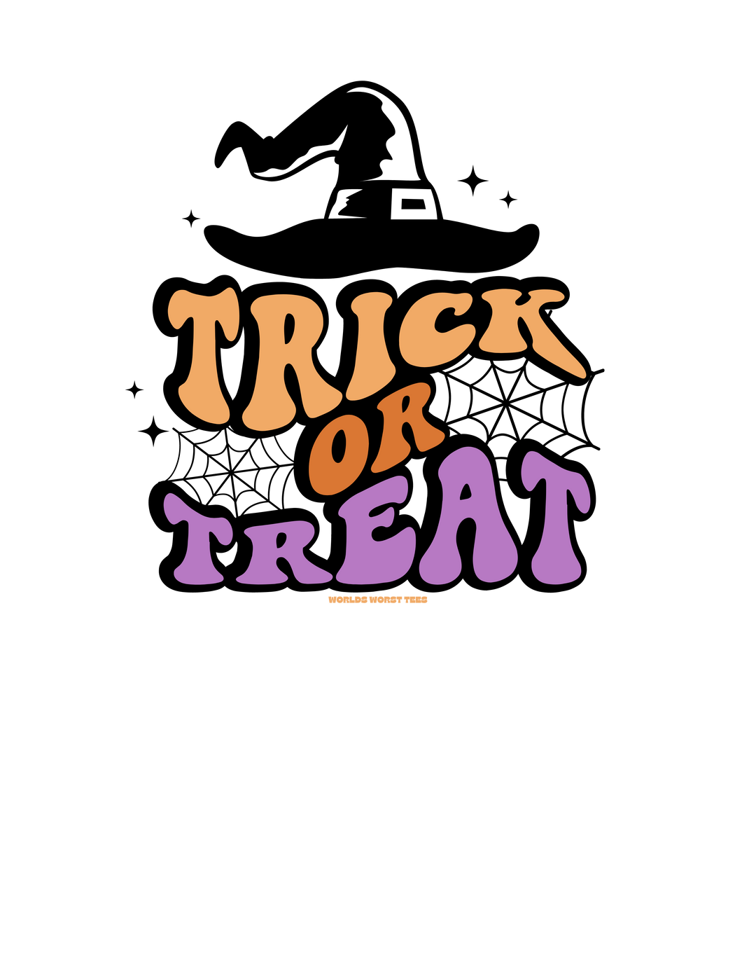A black background with orange and purple text, featuring a trick or treat sign and a close-up of a letter. Infant long sleeve bodysuit for durability and comfort, with ribbed knitting and plastic snaps for easy changing.