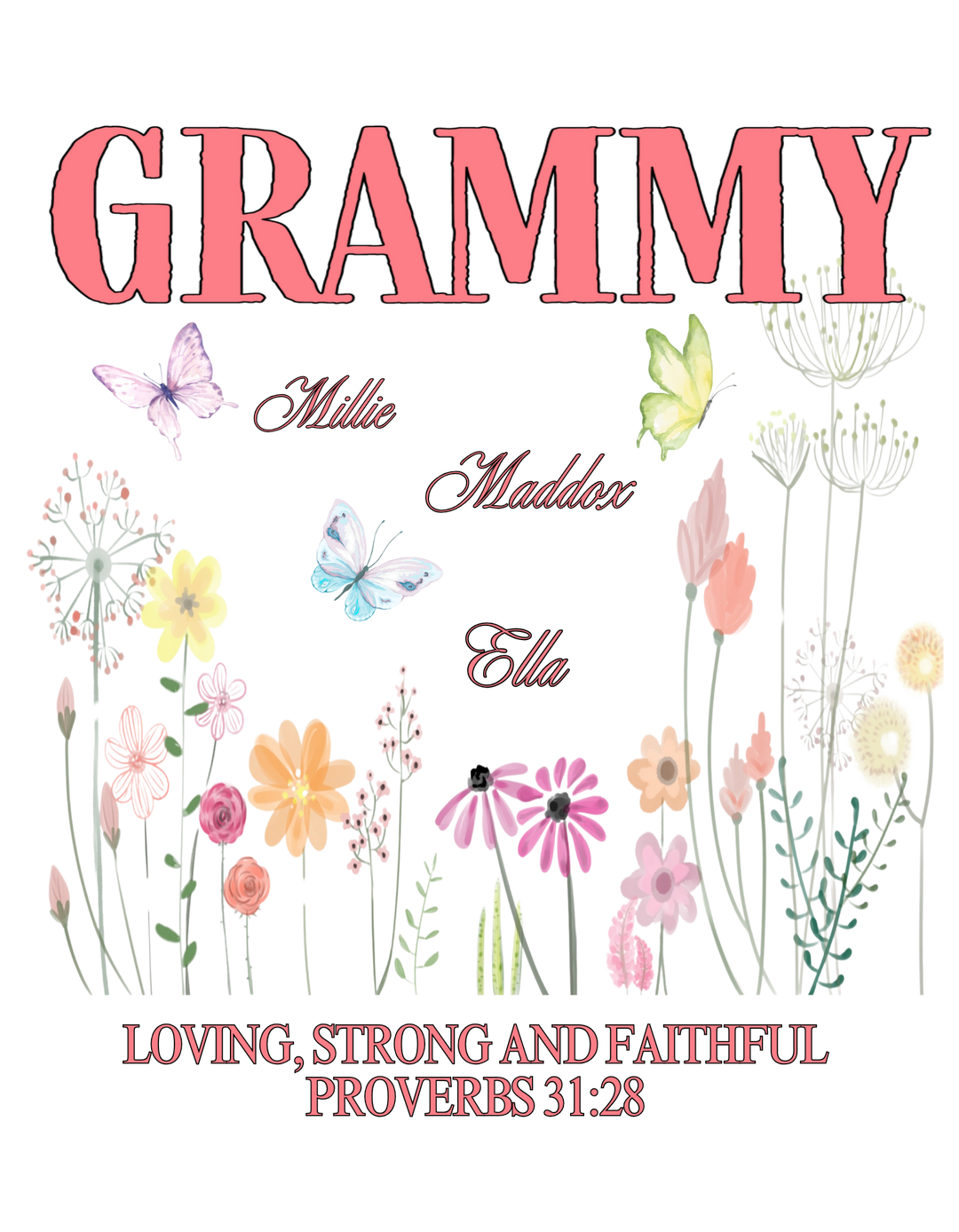 Grammy Tee- Customizable: T-shirt featuring a butterfly and flower design, emphasizing comfort and durability with 100% ring-spun cotton; perfect for casual wear.