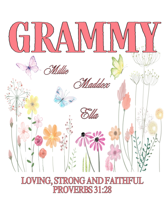 Grammy Tee- Customizable: T-shirt featuring a butterfly and flower design, emphasizing comfort and durability with 100% ring-spun cotton; perfect for casual wear.