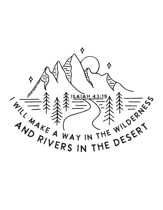 A black and white sketch of mountains and trees on a tee named I Will Make a Way Tee from Worlds Worst Tees. Made of 100% ring-spun cotton, garment-dyed for coziness, with a relaxed fit and durable stitching.