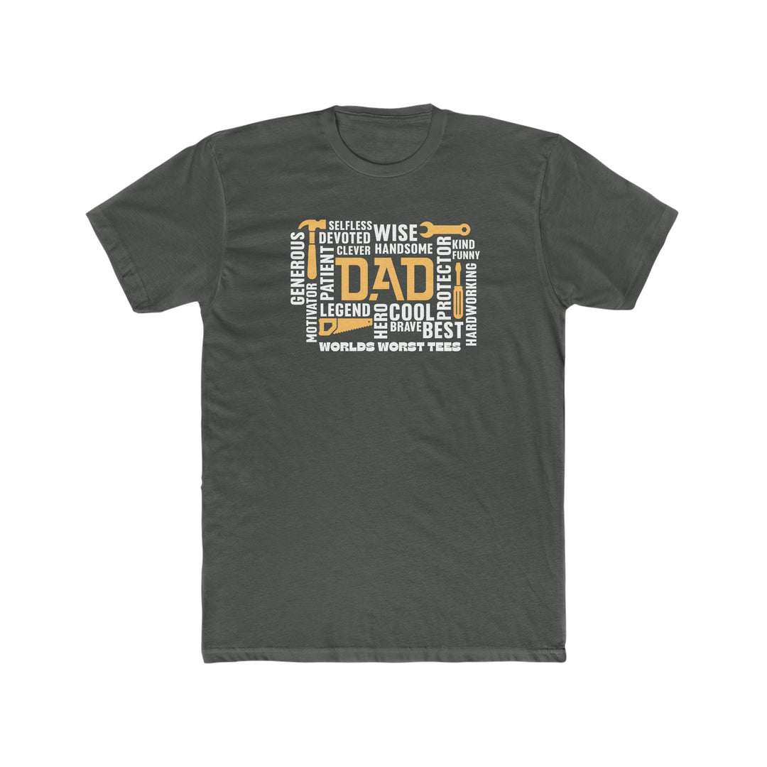 A cozy, relaxed fit All Dad All Day Tee in grey with white text. Made of 100% ring-spun cotton, garment-dyed for extra softness and durability. Perfect for daily wear.