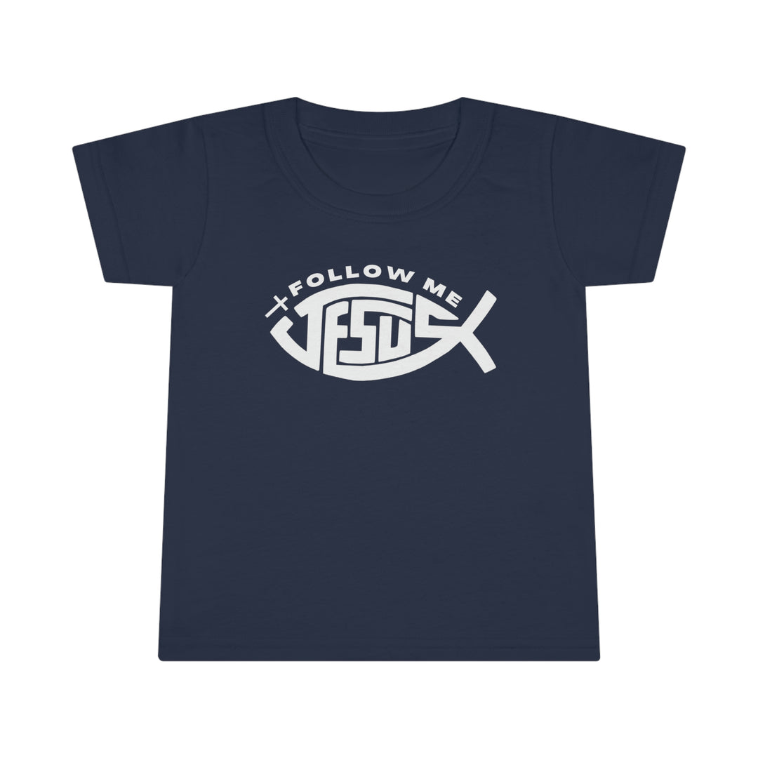 Toddler tee with Jesus Follow Me design, featuring a blue shirt with white text. Classic fit, 100% Ringspun cotton, durable double-needle collar, sleeve, and bottom hems. Ideal for active kids.