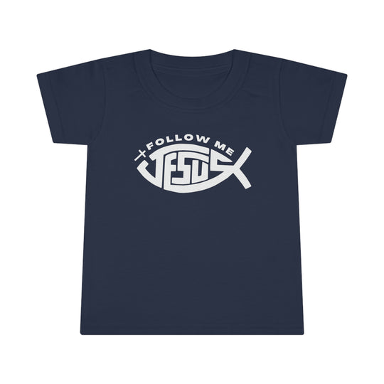 Toddler tee with Jesus Follow Me design, featuring a blue shirt with white text. Classic fit, 100% Ringspun cotton, durable double-needle collar, sleeve, and bottom hems. Ideal for active kids.