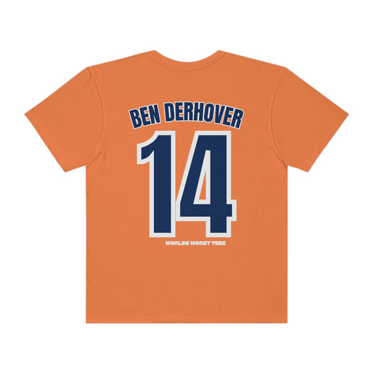 A relaxed fit Houston Asshats #14 Ben Derhover Tee, back view, with a number graphic. 100% ring-spun cotton, double-needle stitching, no side-seams for durability and shape retention.