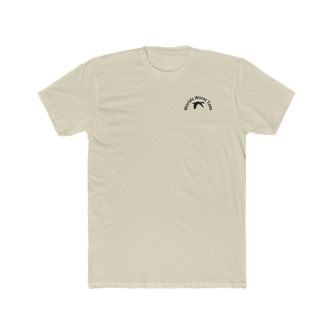 A premium fitted men’s Duck Duck Boom Tee, featuring a logo with a bird, ribbed knit collar, and roomy fit. Made of 100% combed cotton, perfect for workouts or daily wear.