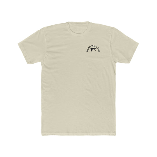 A premium fitted men’s Duck Duck Boom Tee, featuring a logo with a bird, ribbed knit collar, and roomy fit. Made of 100% combed cotton, perfect for workouts or daily wear.