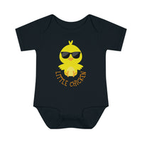 A soft, ring-spun cotton Little Chicken Onesie for infants with lap shoulders. Unisex fit, light fabric (5.0 oz/yd²). Features a cartoon chicken wearing sunglasses. Ideal for comfort and fidgeting ease.