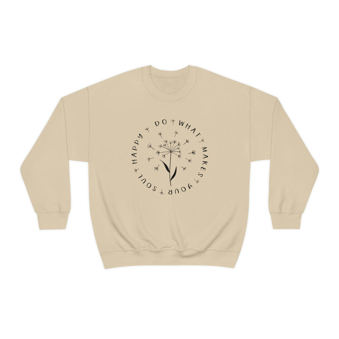A beige crewneck sweatshirt with a dandelion design, ideal for comfort in any situation. Unisex heavy blend, 50% cotton, 50% polyester, loose fit, ribbed knit collar, no itchy side seams. Happy Soul Crewneck by Worlds Worst Tees.
