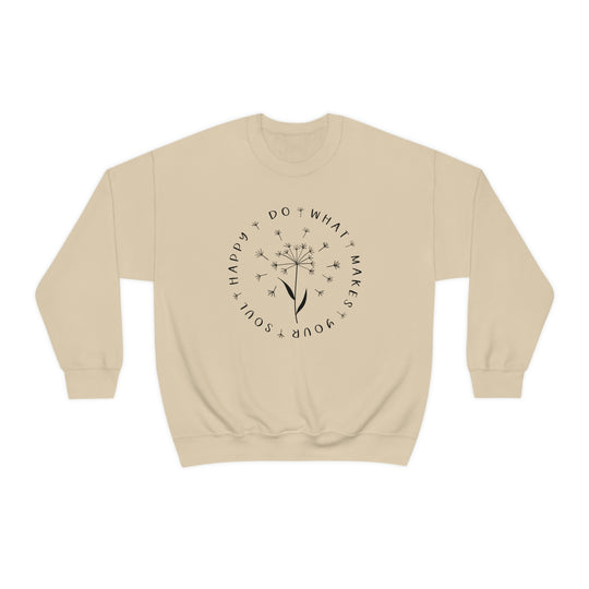 A beige crewneck sweatshirt with a dandelion design, ideal for comfort in any situation. Unisex heavy blend, 50% cotton, 50% polyester, loose fit, ribbed knit collar, no itchy side seams. Happy Soul Crewneck by Worlds Worst Tees.