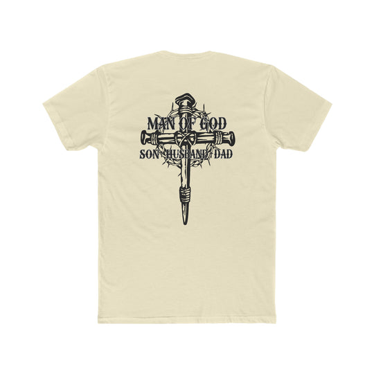 Man of God Son Husband Dad Tee: Back view of a black and white t-shirt with a cross and crown of thorns graphic. 100% ring-spun cotton, relaxed fit, durable double-needle stitching, no side-seams.