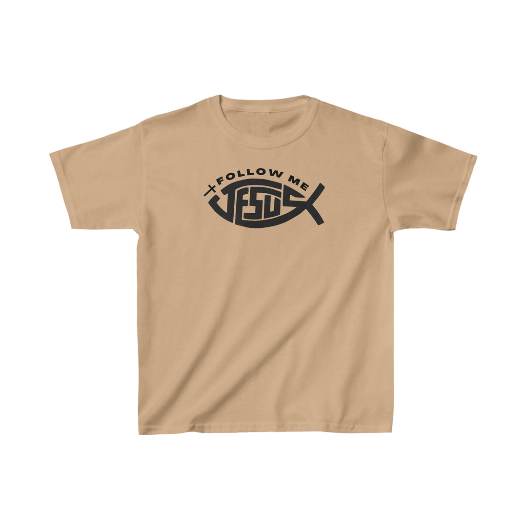 Kids Jesus Follow Me Tee, a tan shirt with black logo. 100% cotton, light fabric, classic fit, durable twill tape shoulders, curl-resistant collar, seamless sides. Ideal for everyday wear.