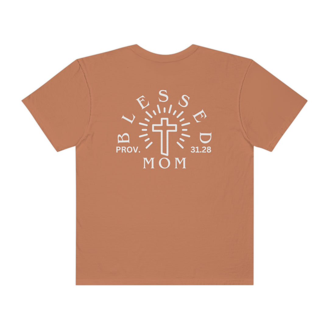 A Blessed Mom Tee, garment-dyed 100% ring-spun cotton shirt with a relaxed fit. Features double-needle stitching for durability and a seamless design for a tubular shape. Ideal for daily wear.