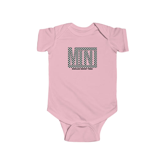 A durable and soft Vans Mini Onesie infant bodysuit in pink with black and white checkered design. Made of 100% cotton, featuring ribbed knitting for durability and plastic snaps for easy changing access.