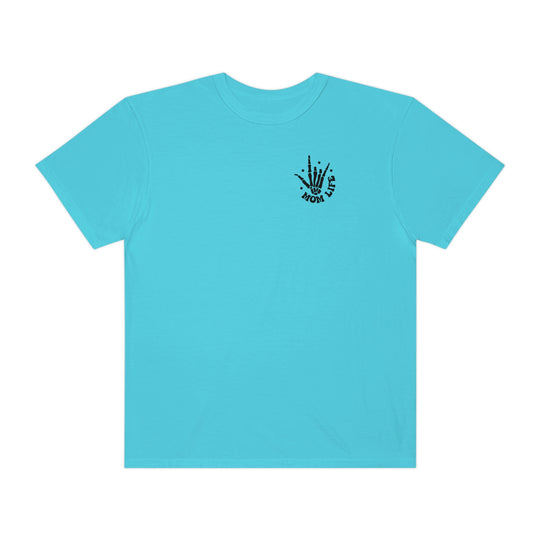 Relaxed fit I Used to Be Cool Mom Tee, a blue shirt with a hand print. 100% ring-spun cotton, garment-dyed for coziness. Durable double-needle stitching, no side-seams for a tubular shape.