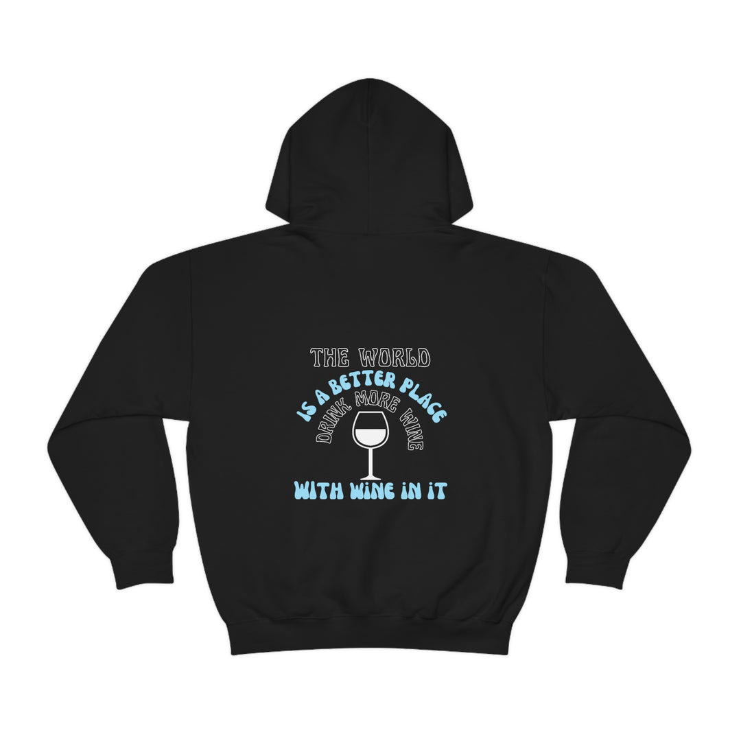 A black hoodie with white text, featuring a Drink More Wine design. Unisex heavy blend sweatshirt with kangaroo pocket, cotton-polyester fabric, and classic fit. Ideal for warmth and comfort.