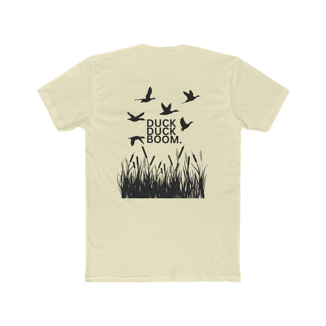 A premium fitted men’s Duck Duck Boom Tee, featuring a back design with birds, ribbed knit collar for elasticity, and 100% combed cotton fabric. Comfortable and stylish for workouts or daily wear.