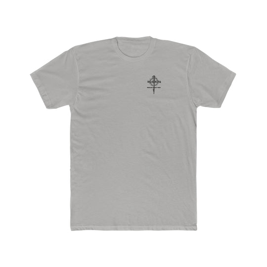 Man of God Husband Dad Grandpa Tee: Grey t-shirt with a cross and crown of thorns design. 100% ring-spun cotton, medium weight, relaxed fit, durable double-needle stitching, no side-seams.
