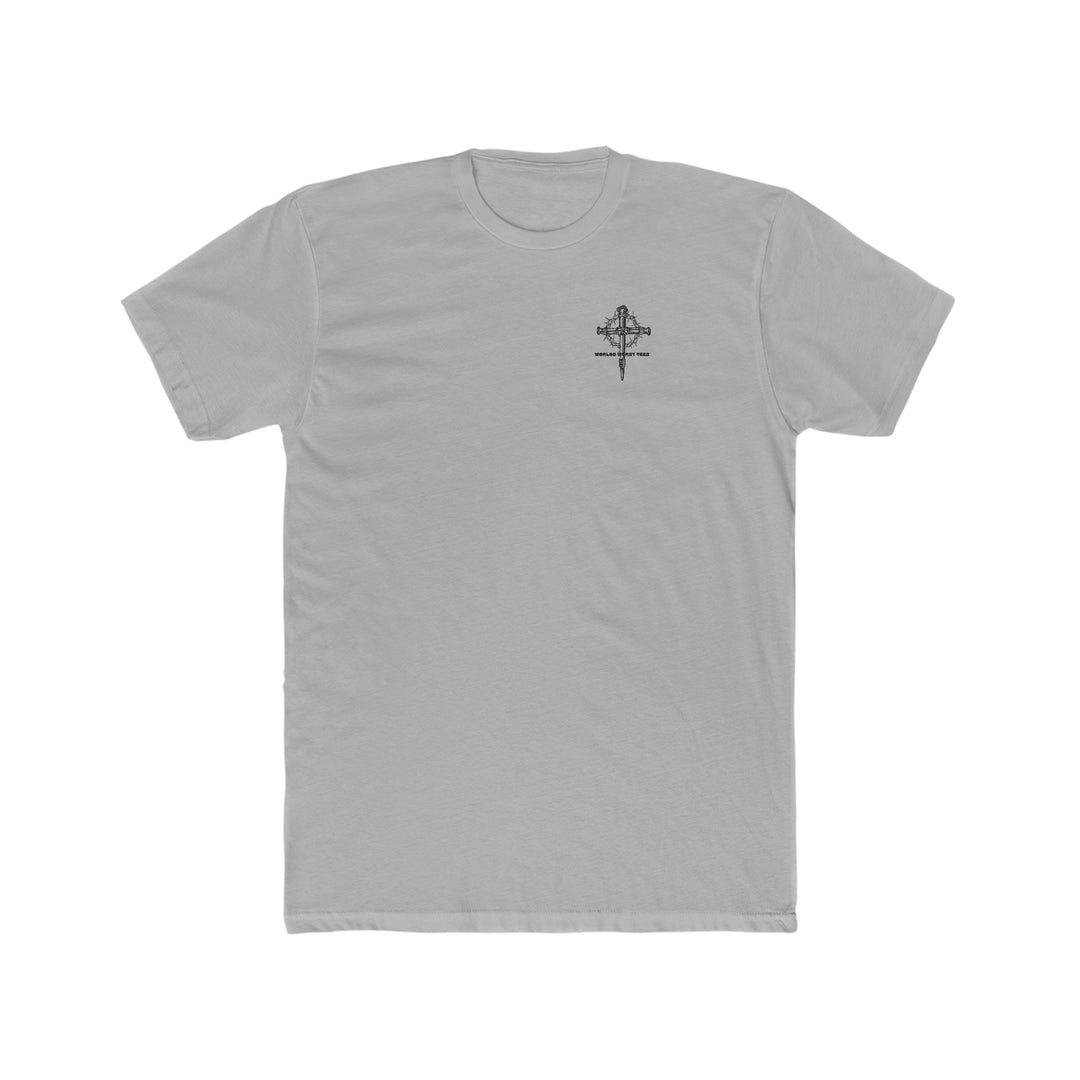 A relaxed fit Man of God Son Husband Dad Tee in grey with a cross design. 100% ring-spun cotton, garment-dyed for coziness, double-needle stitching for durability, and seamless sides for a tubular shape.