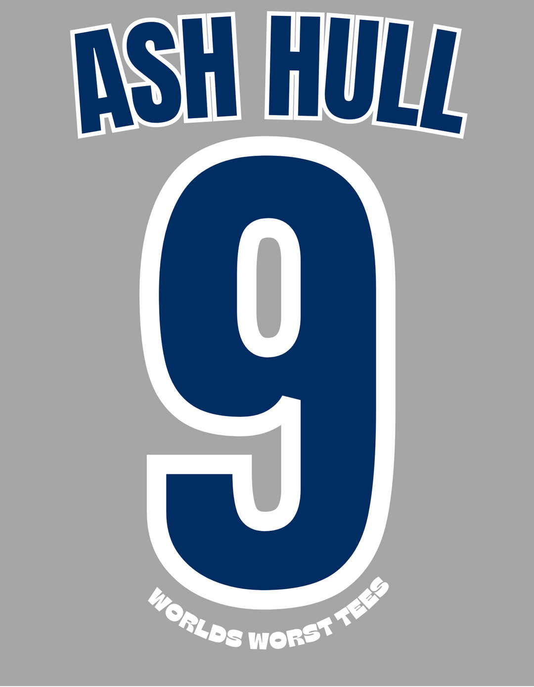 Relaxed fit Houston Asshats #9 Ash Hull Tee, 100% ring-spun cotton, medium weight, durable double-needle stitching, tubular shape, no side-seams. Graphic design with blue and white elements.