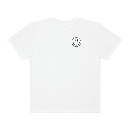 A cozy white t-shirt featuring a smiley face design. Made of 100% ring-spun cotton with a relaxed fit for daily comfort. Durable double-needle stitching and seamless sides. From 'Worlds Worst Tees'.