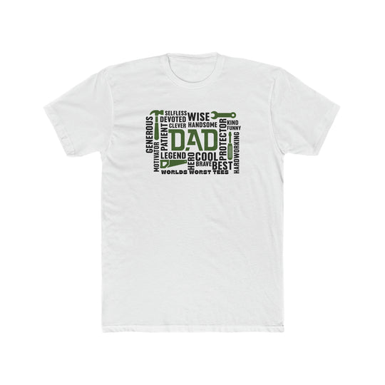 Relaxed fit All Dad All Day Tee, a white t-shirt with black text. 100% ring-spun cotton, medium weight, durable double-needle stitching, no side-seams for tubular shape. Garment-dyed for extra coziness.