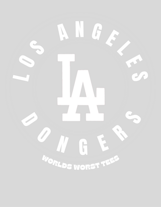 LA Dongers #15 Mike Hawk Tee: A white logo tee with a letter, premium fit, ribbed knit collar, and 100% combed cotton. Comfy, light, and roomy for workouts or daily wear.