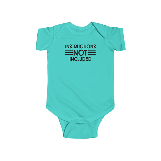 Infant fine jersey bodysuit with ribbed knitting for durability, plastic snaps for easy changing access. 100% combed ringspun cotton fabric. Tear away label. Product title: Instructions Not Included Onesie.