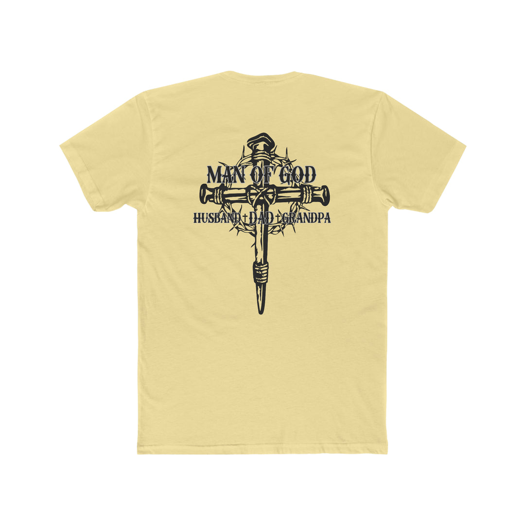 Relaxed fit Man of God Husband Dad Grandpa Tee, back view with cross and crown of thorns design. 100% ring-spun cotton, garment-dyed for coziness, double-needle stitching for durability. From Worlds Worst Tees.