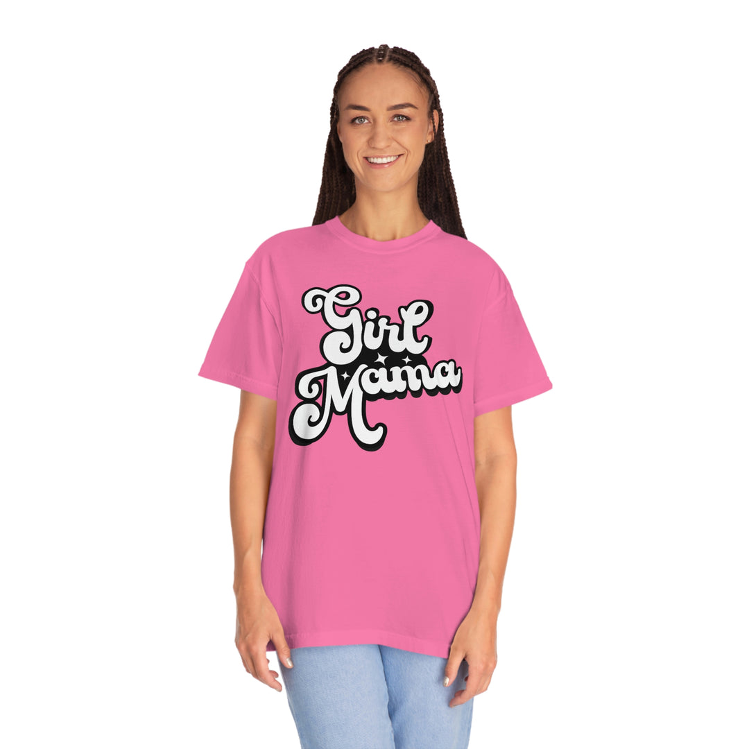A relaxed fit Girl Mama Tee, 100% ring-spun cotton, garment-dyed for coziness. Double-needle stitching, no side-seams for durability and shape retention. From Worlds Worst Tees.