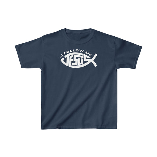 A Jesus Follow Me Kids Tee, a blue t-shirt with white text, perfect for everyday wear. Made of 100% cotton, featuring twill tape shoulders and ribbed knitting for durability and comfort. Classic fit, ideal for printing.