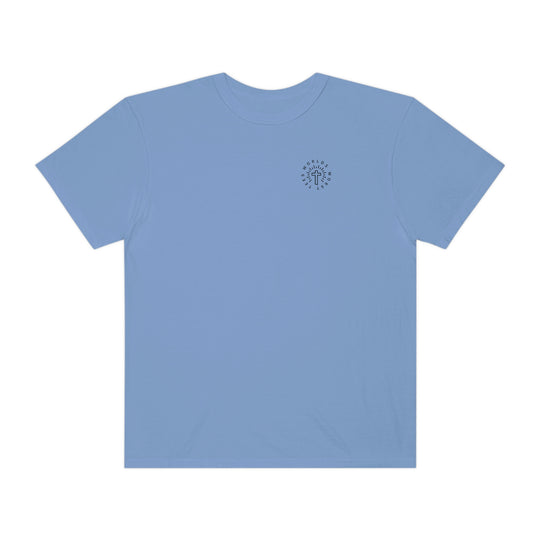 Blessed Mom Tee: Blue shirt with logo cross. 100% ring-spun cotton, garment-dyed for coziness. Relaxed fit, durable double-needle stitching, no side-seams for tubular shape.