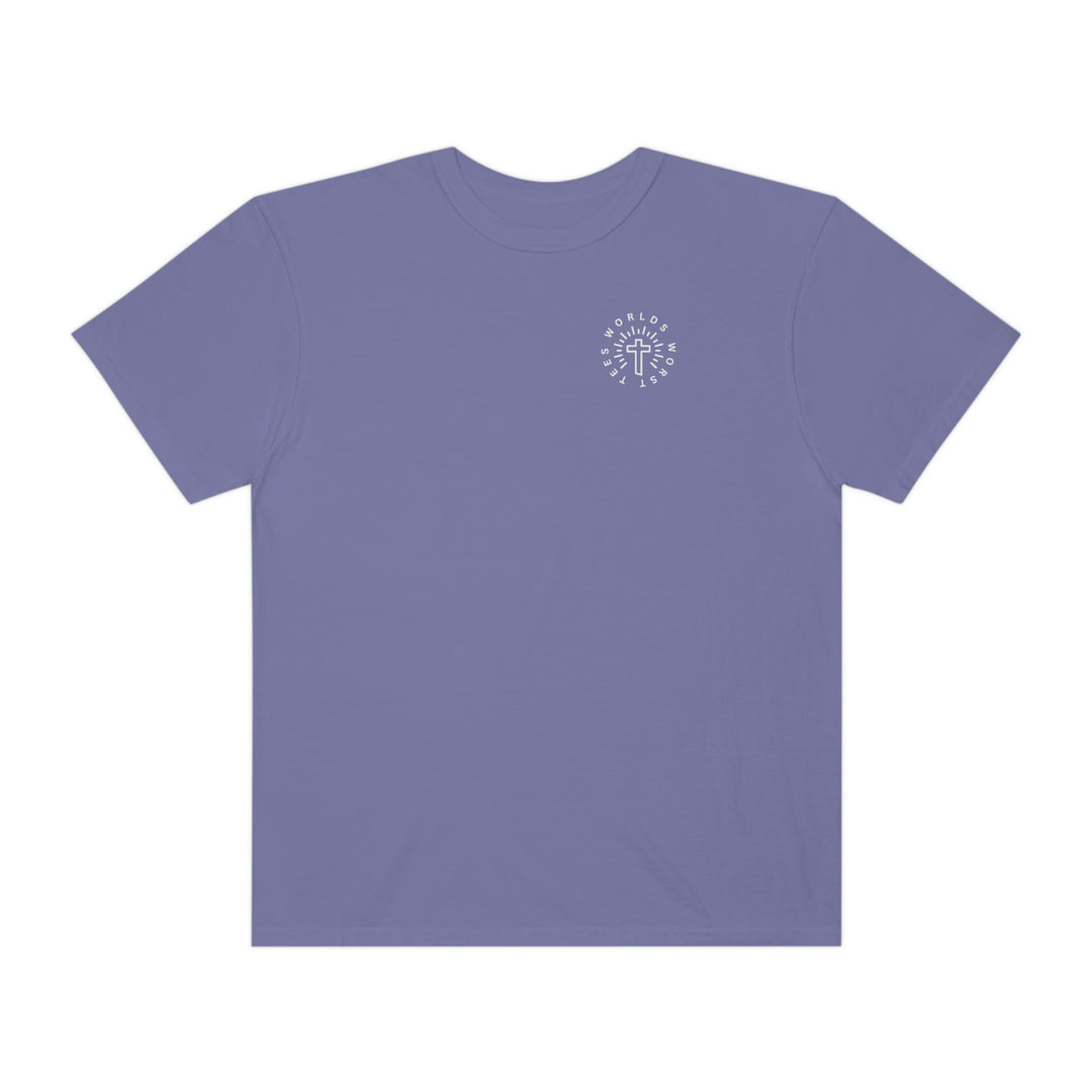 Blessed Mom Tee: Purple t-shirt with a cross logo, made of 100% ring-spun cotton for a cozy, relaxed fit. Double-needle stitching for durability, no side-seams for a tubular shape.