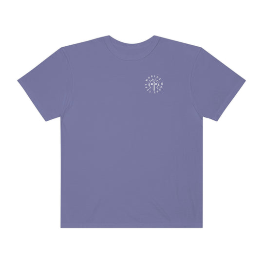 Blessed Mom Tee: Purple t-shirt with a cross logo, made of 100% ring-spun cotton for a cozy, relaxed fit. Double-needle stitching for durability, no side-seams for a tubular shape.