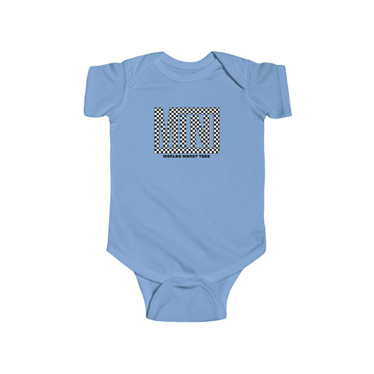 A durable Vans Mini Onesie for infants, featuring a black and white checkered design. Made of 100% cotton, with ribbed knitting for durability and plastic snaps for easy changing access. Dimensions: Width - 7.32in, Length - 11.46in, Sleeve length - 2.52in.