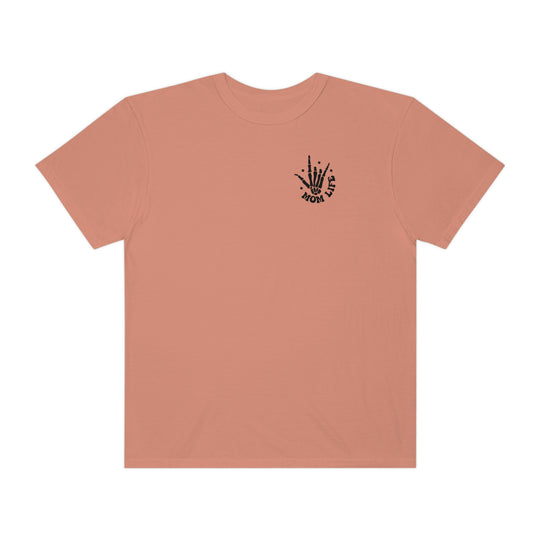 Relaxed fit I Used to Be Cool Mom Tee, a pink shirt with a hand print. 100% ring-spun cotton, garment-dyed for coziness. Durable double-needle stitching, no side-seams for shape retention.