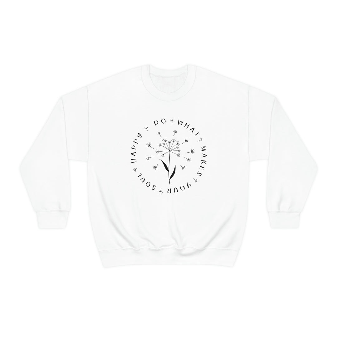 A white crewneck sweatshirt with a graphic design featuring a dandelion flower and words, ideal for comfort. Made of 50% cotton and 50% polyester, medium-heavy fabric, loose fit, and ribbed knit collar. Sewn-in label, true to size.