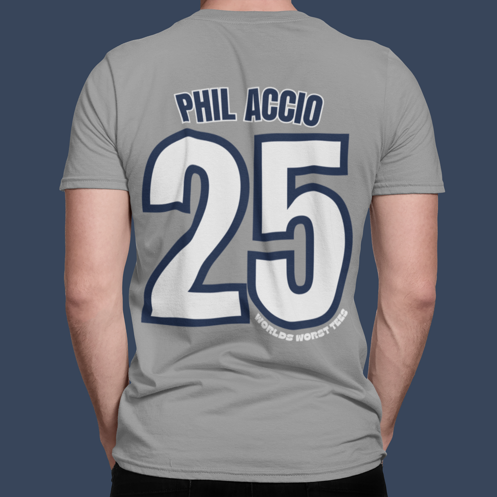 A premium NY Yankers #25 Phill Accio Tee, featuring a person in a grey shirt with white numbers. Combed, ring-spun cotton, ribbed knit collar, and roomy fit for comfort and style.