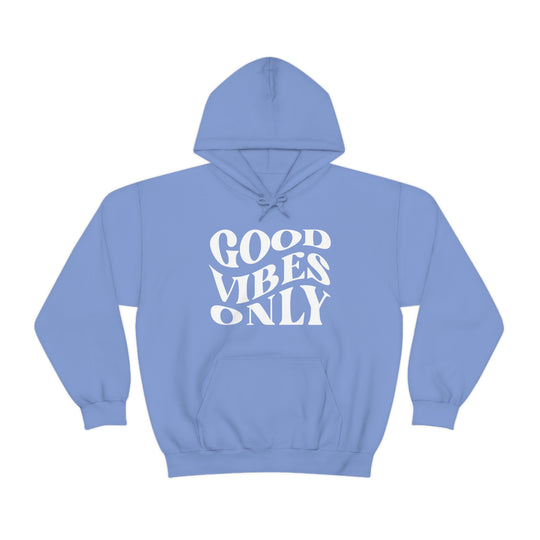 A cozy Good Vibes Only Hoodie in blue and white, featuring a kangaroo pocket and drawstring hood. Unisex, 50% cotton, 50% polyester, with a classic fit and tear-away label.
