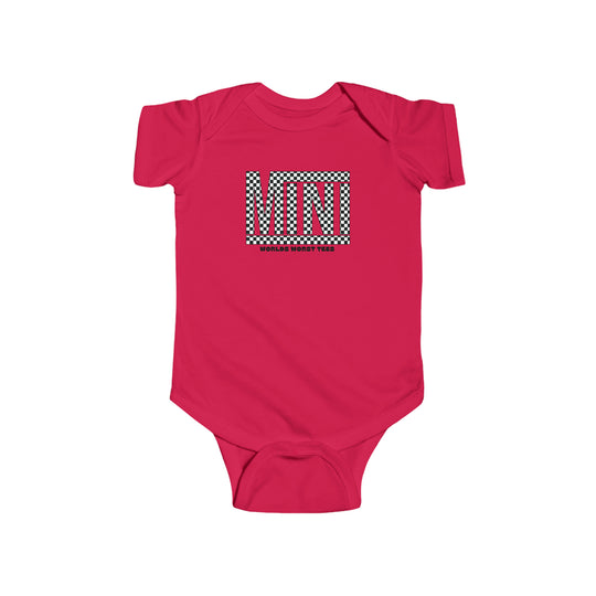 Vans Mini Onesie infant bodysuit, pink with logo. 100% cotton fabric, ribbed knit bindings, plastic snaps for easy changes. Durable and soft for babies.